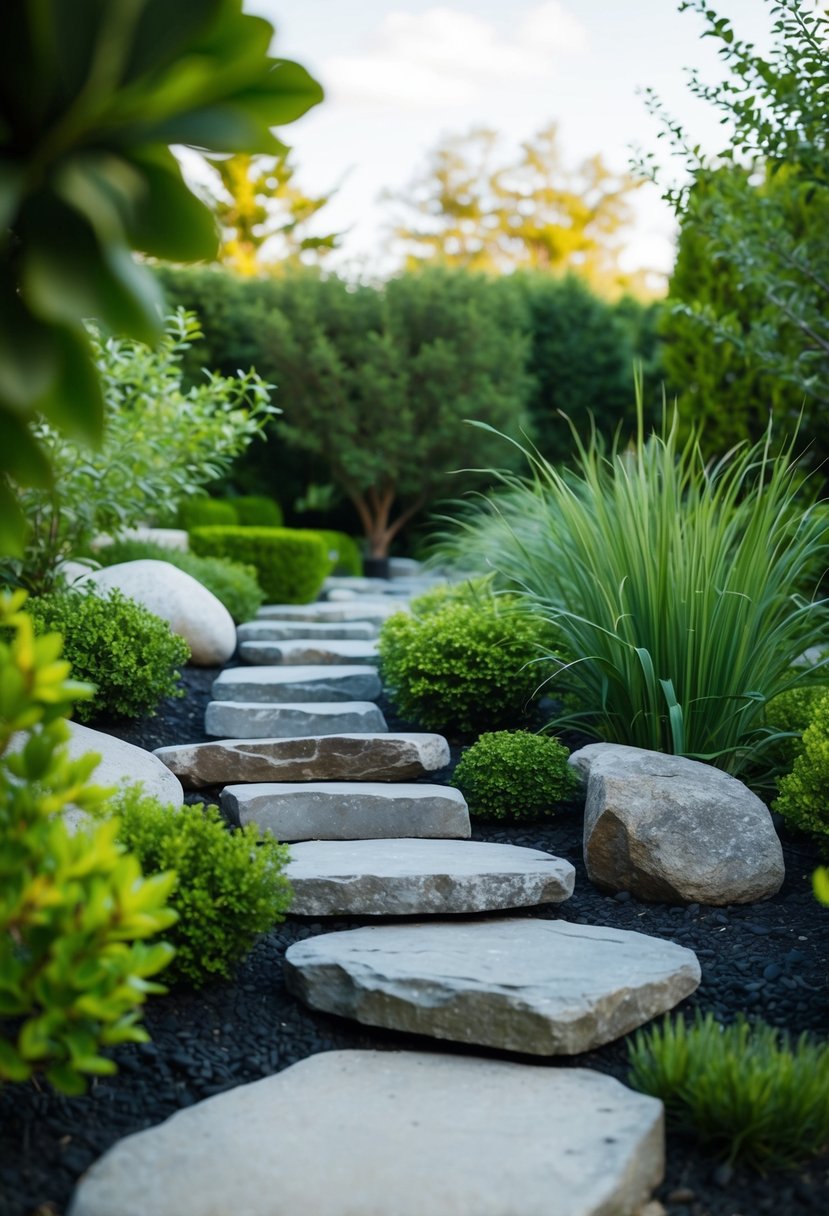 A serene Zen rock pathway winds through a meticulously landscaped backyard, with carefully placed stones and lush greenery creating a tranquil and harmonious atmosphere