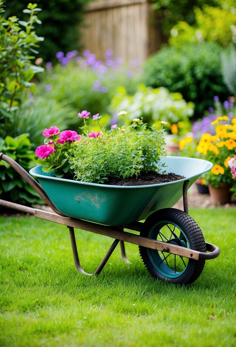 A vintage wheelbarrow planter sits in a lush backyard garden, surrounded by colorful flowers and greenery, adding a charming touch to the landscape