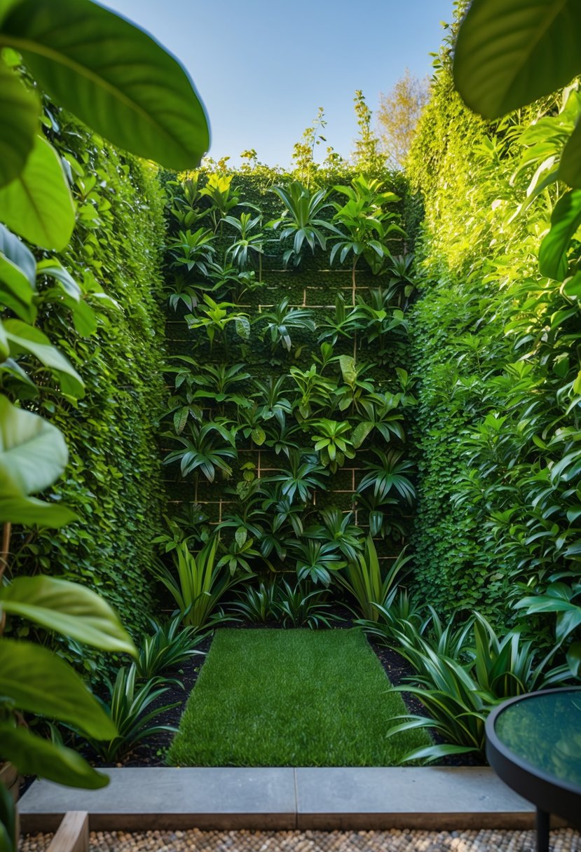 A lush green wall of plants encloses a cozy backyard space, creating a natural barrier for privacy and adding a touch of tranquility to the landscape