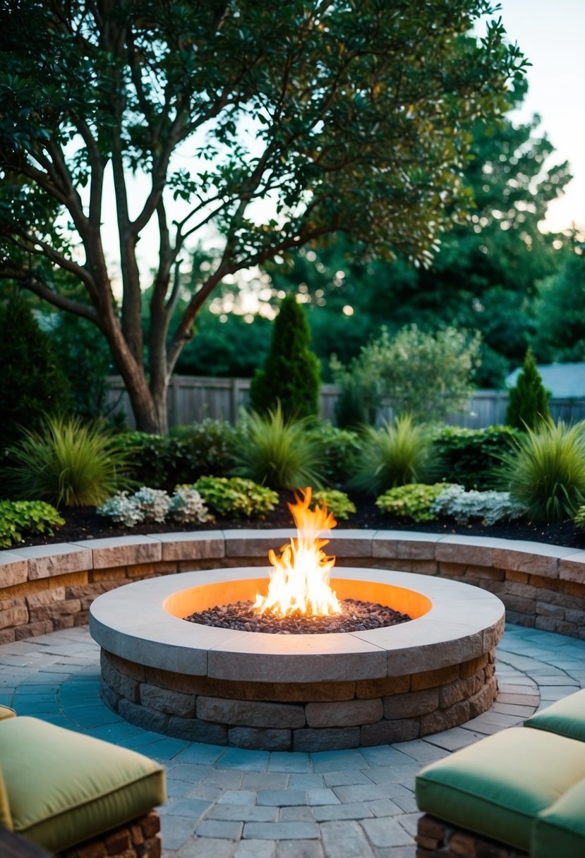 A circular fire pit surrounded by built-in stone seating, nestled within a lush backyard landscape