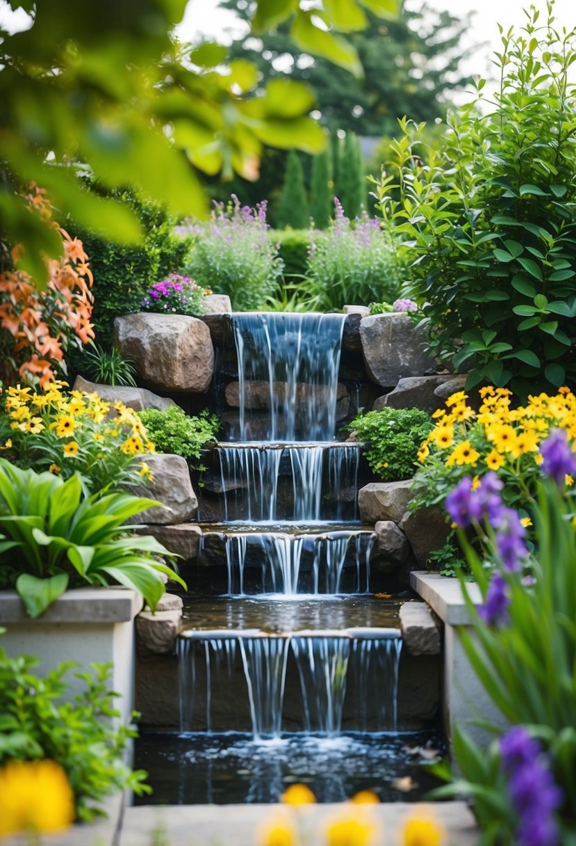 A serene backyard garden with a cascading waterfall feature surrounded by lush greenery and colorful flowers