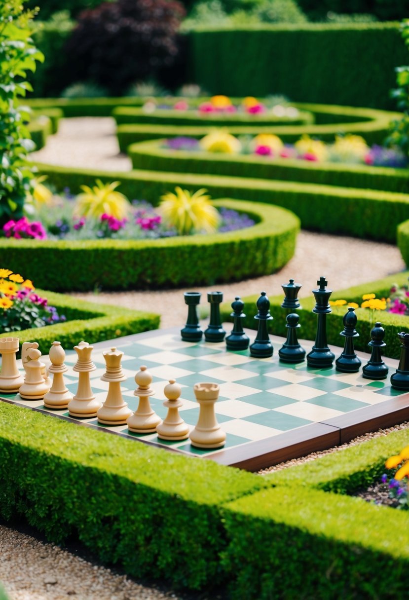 A garden chessboard with lush greenery and colorful flowers, surrounded by neatly trimmed hedges and winding pathways