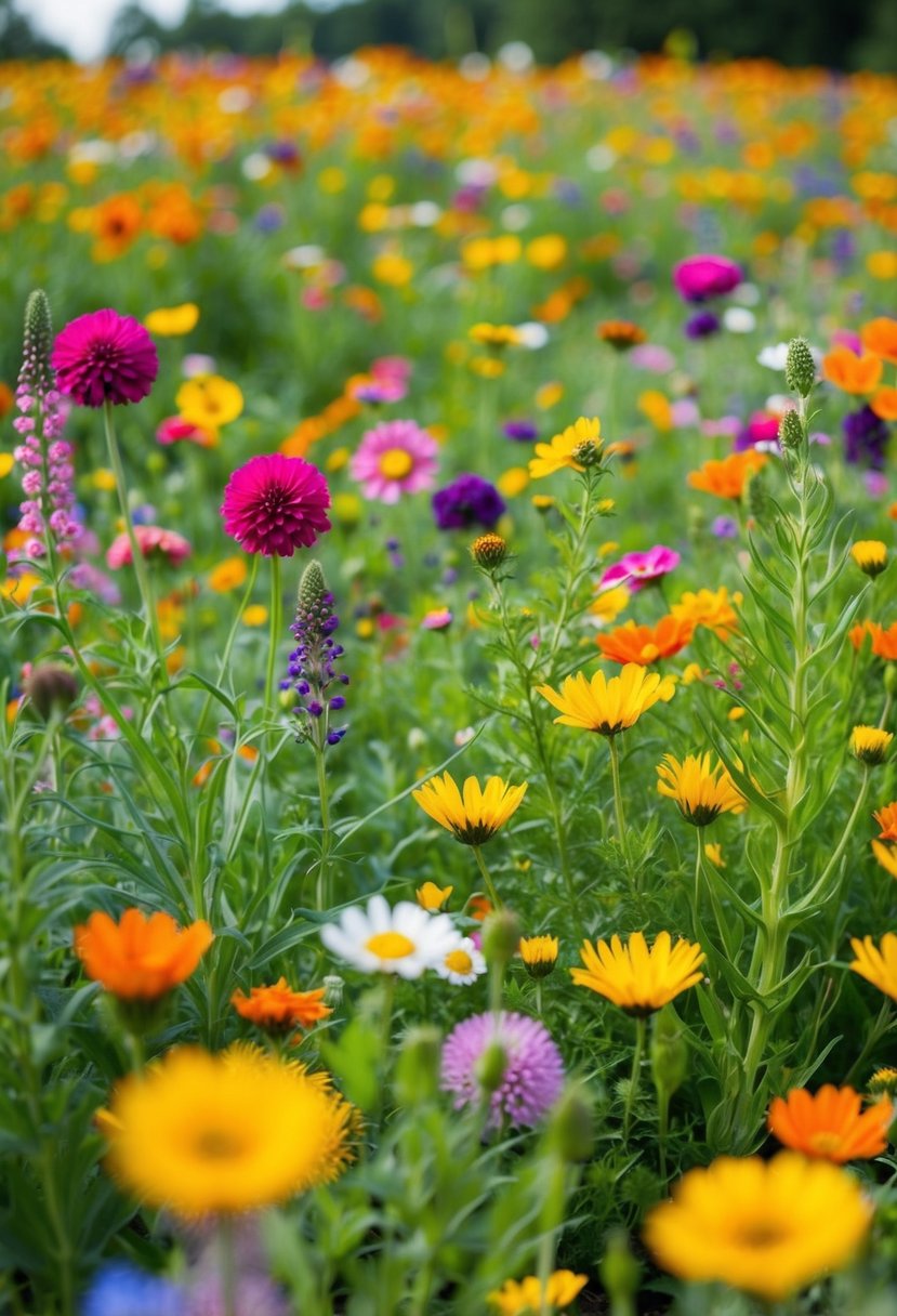 A vibrant wildflower meadow with 19 unique landscaping designs, featuring a variety of colorful blooms and lush greenery