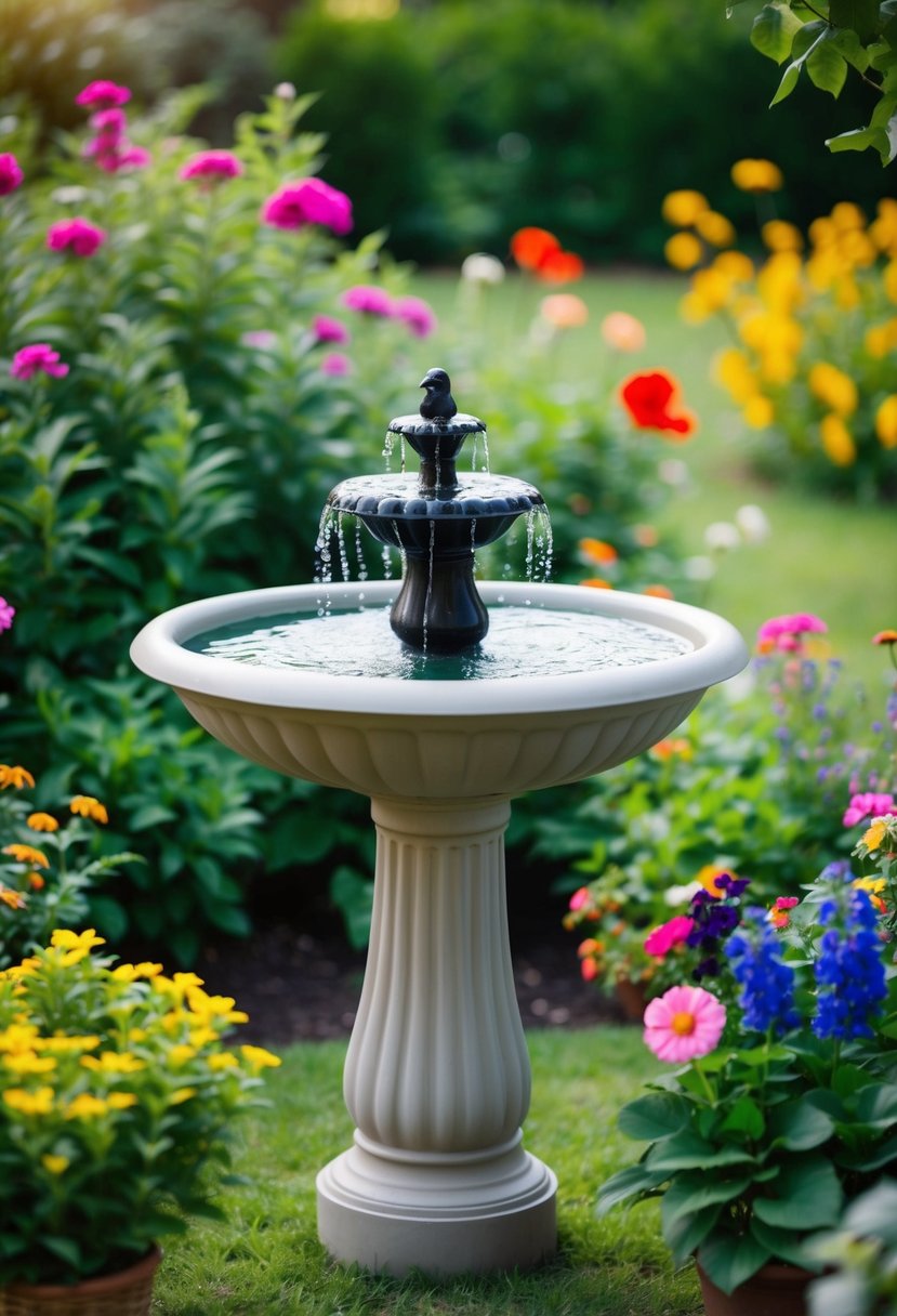 A bird bath fountain surrounded by lush greenery and colorful flowers in a serene backyard setting