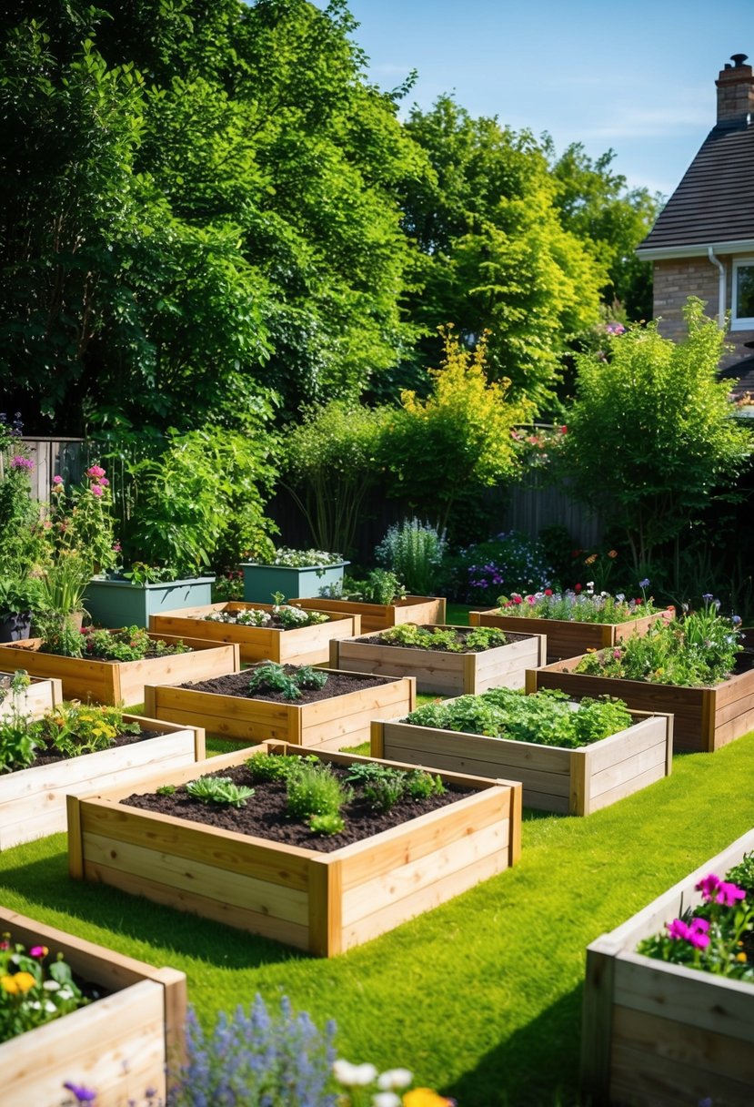 A sunny backyard with 19 raised wooden garden beds of various shapes and sizes, surrounded by lush greenery and colorful flowers
