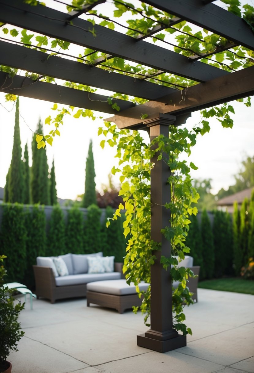 A pergola stands adorned with climbing vines, creating a natural canopy in a serene backyard setting