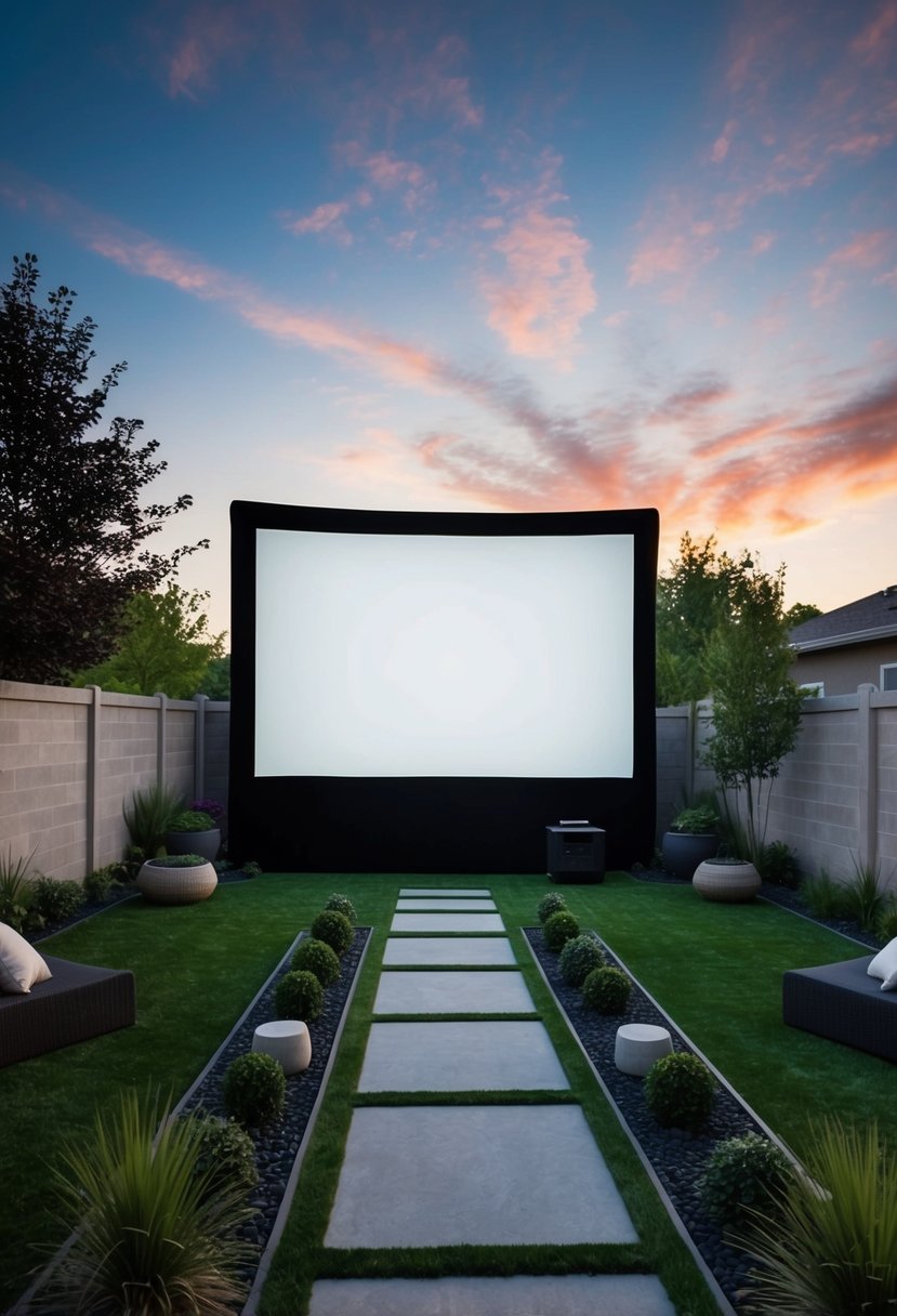 A backyard with a large outdoor movie projection wall surrounded by various unique landscaping designs