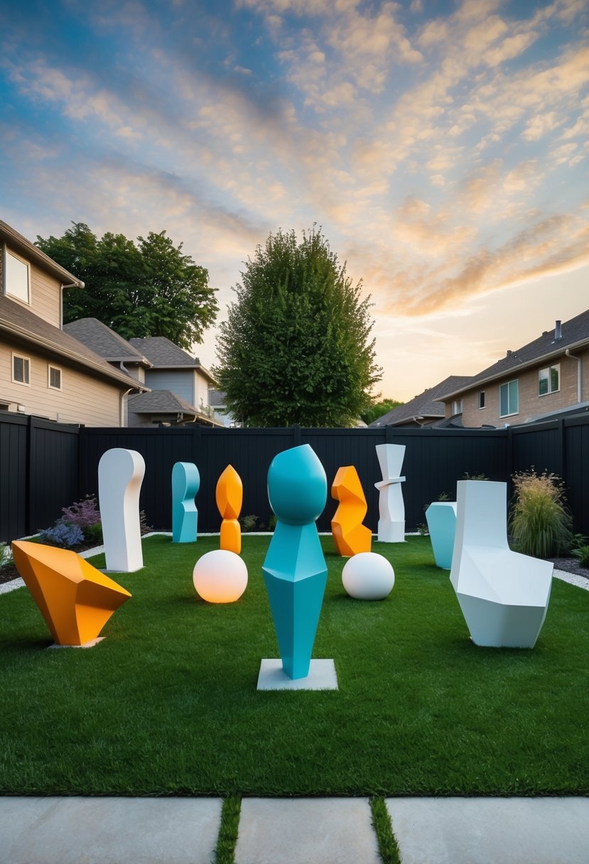A series of 19 modern sculptures are arranged in a backyard, surrounded by unique landscaping designs
