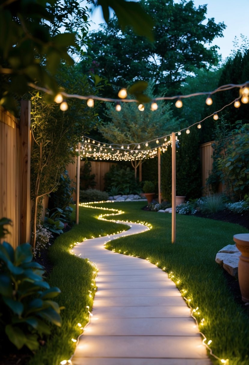 A winding pathway lined with fairy lights meanders through a lush backyard garden, creating a magical and enchanting atmosphere