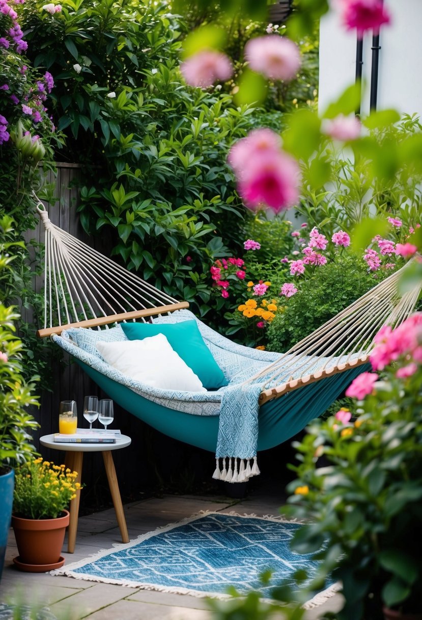 A cozy hammock nestled in a lush corner of a backyard, surrounded by vibrant flowers and greenery, with a small table nearby for drinks or books