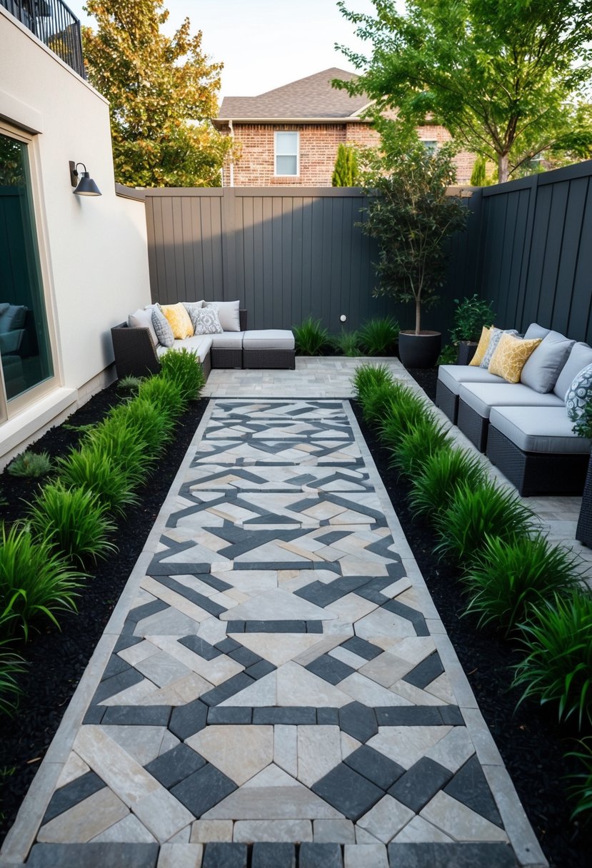A modern backyard with geometric paver art arranged in 19 unique designs, surrounded by lush landscaping and a cozy seating area