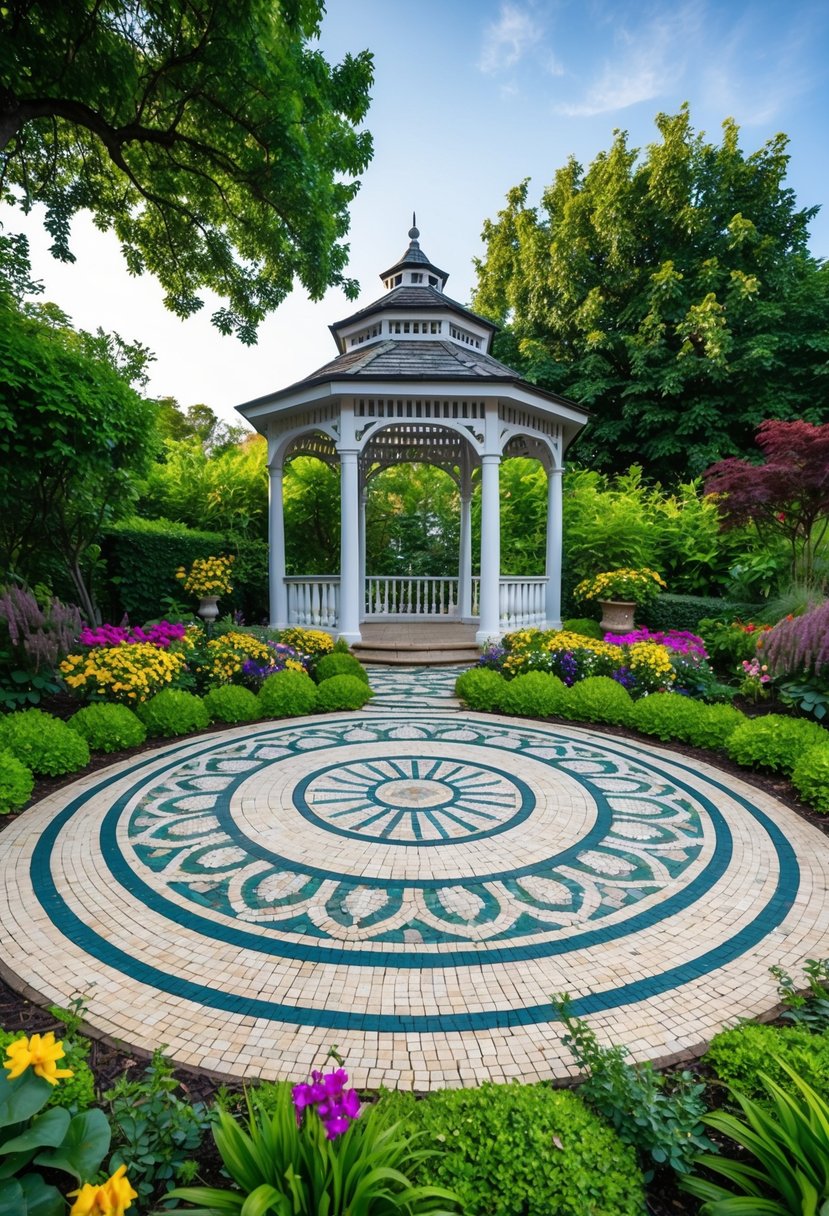 A circular mosaic gazebo floor surrounded by lush greenery and vibrant flowers, with 19 distinct landscaping features