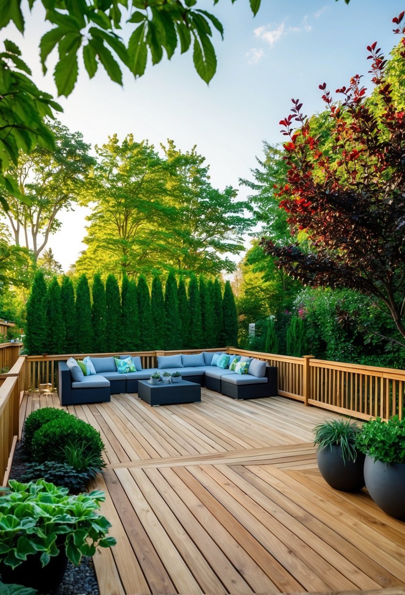 A spacious cedar wooden deck surrounded by lush landscaping, featuring 19 unique backyard design ideas