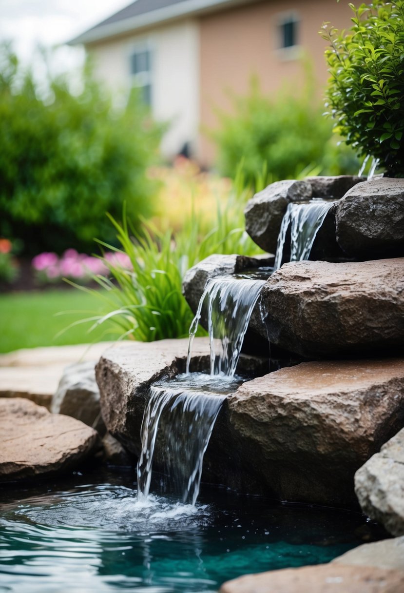 A rock fountain cascades down a small garden, creating a tranquil waterfall feature