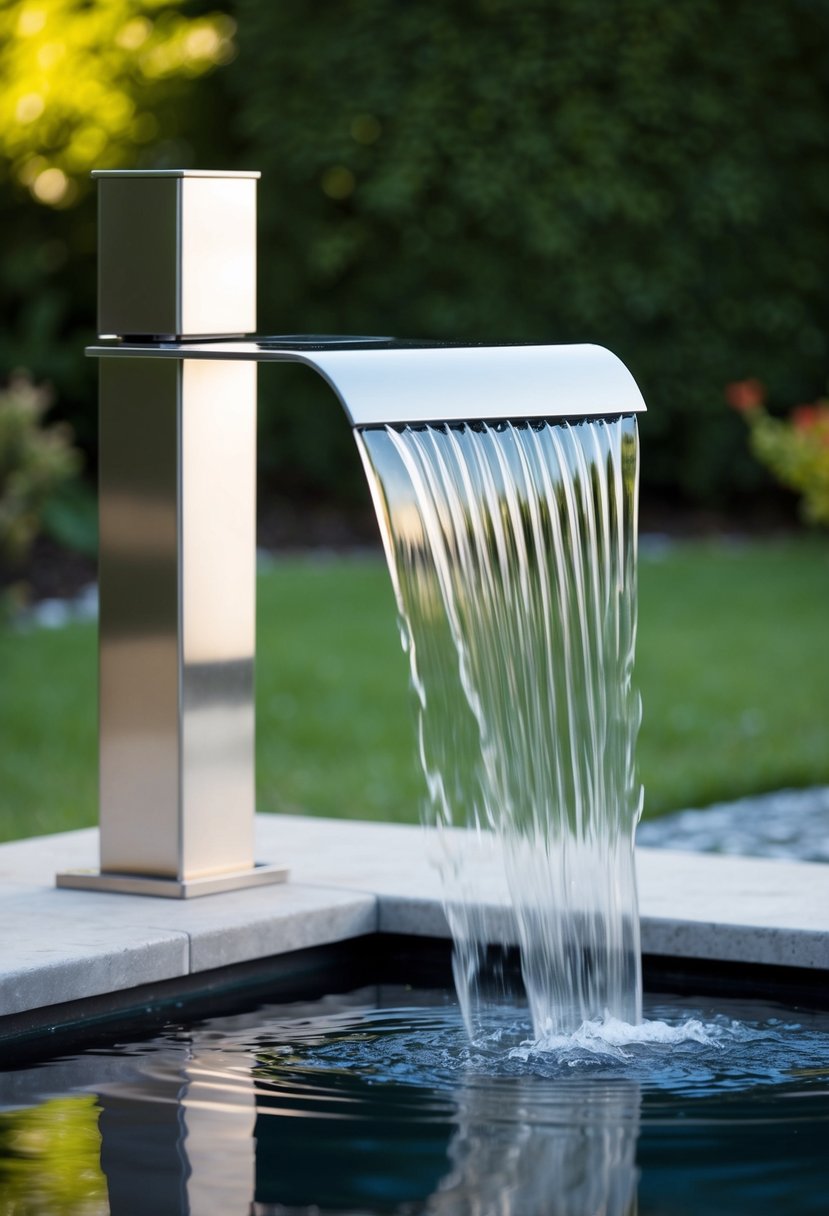 A stainless steel blade creates a sleek, modern waterfall cascading into a small garden pond