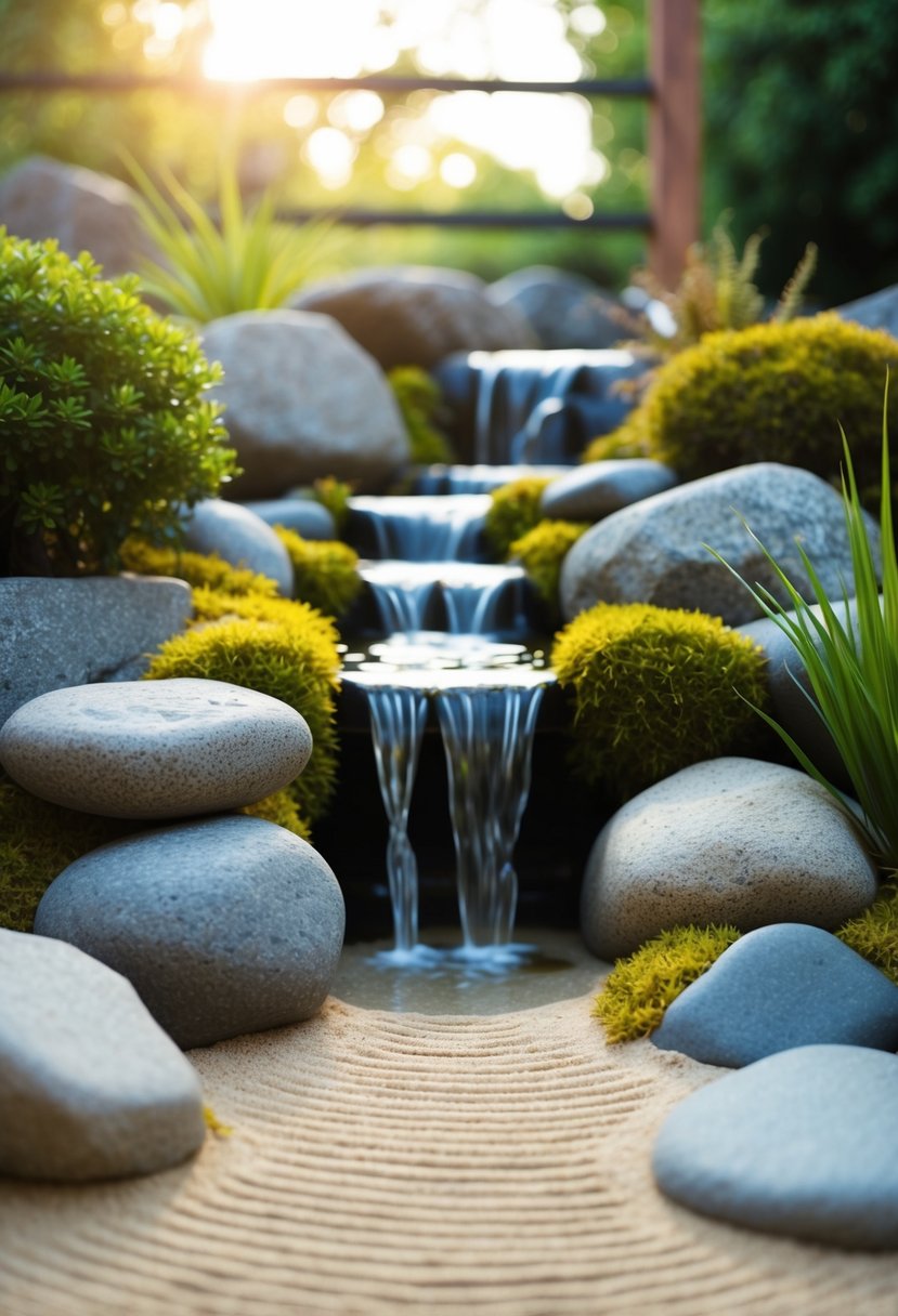A serene Zen garden with a small waterfall surrounded by rocks, moss, and carefully raked sand