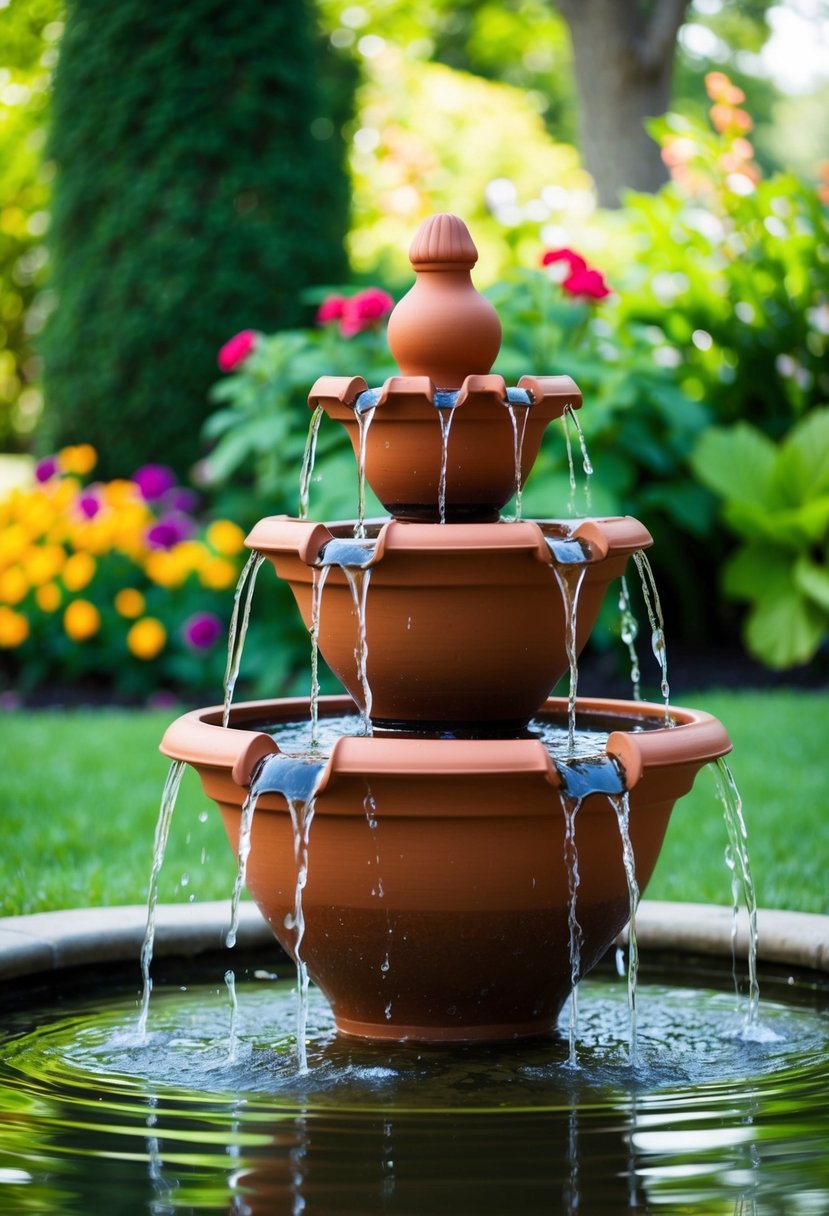A tiered terracotta pot fountain cascades water into a small garden pond, surrounded by lush greenery and colorful flowers