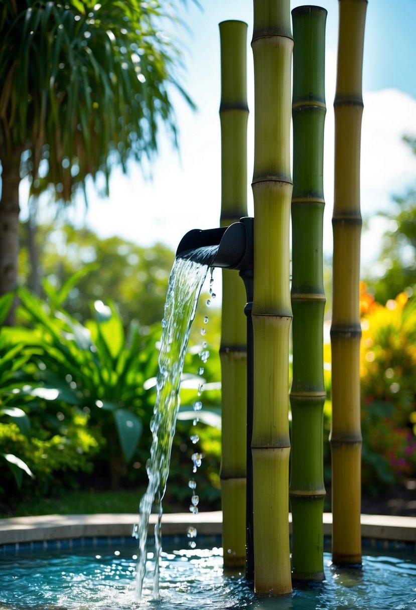 A bamboo fountain sits in a lush garden, water cascading down in a gentle, natural flow. The sun shines down, powering the fountain with solar energy