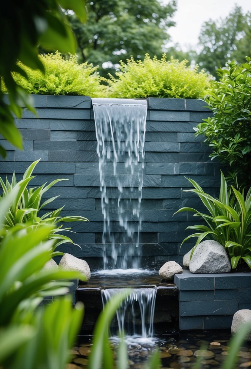 A serene garden setting with a slate waterfall cascading down a wall, surrounded by lush greenery and small decorative rocks