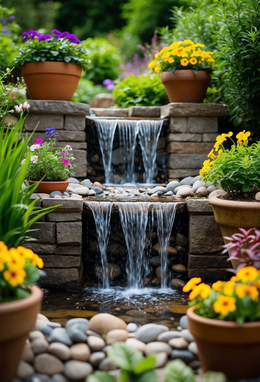 A small garden waterfall cascades over pebble-filled pots, surrounded by lush greenery and colorful flowers