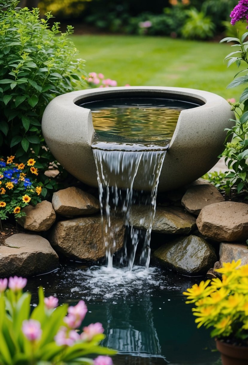 A sunken bowl waterfall cascades over rocks into a small garden pond, surrounded by lush greenery and colorful flowers
