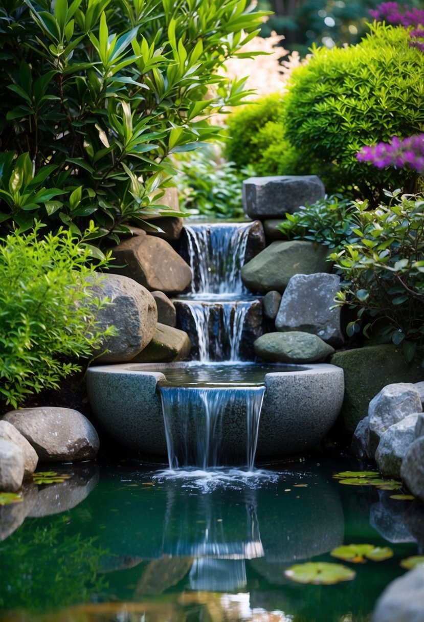 A Japanese stone basin nestled among lush greenery with a small waterfall cascading into a tranquil garden pond