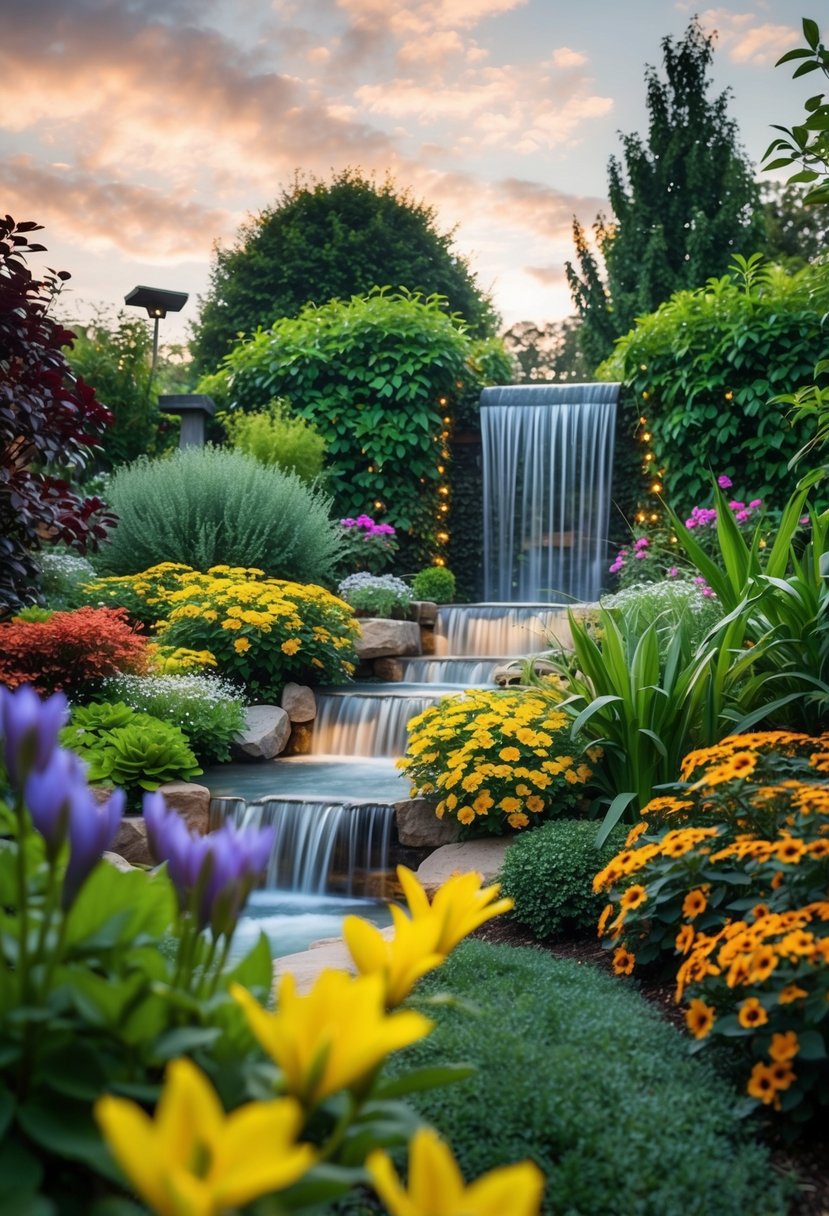 A serene garden with a cascading LED-lit waterfall surrounded by lush greenery and colorful flowers