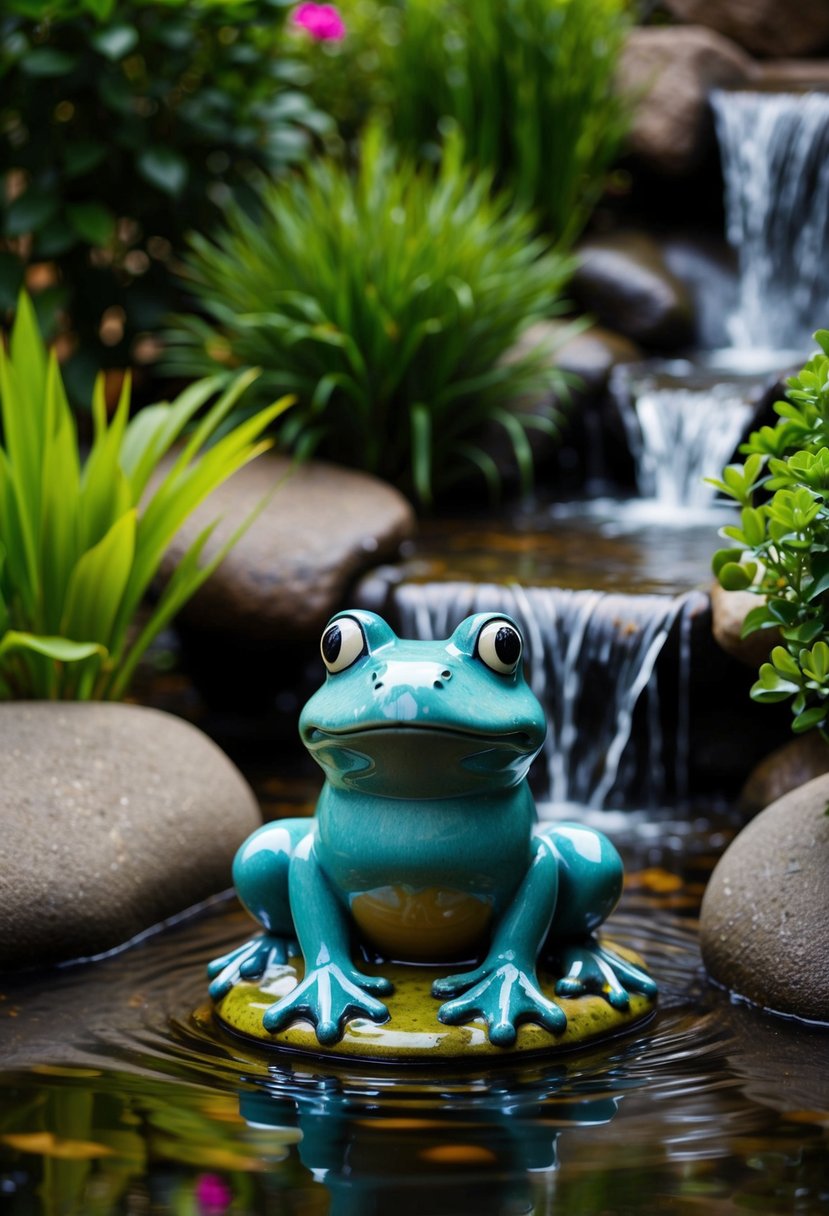 A ceramic frog fountain sits at the center of a lush garden, surrounded by a small waterfall cascading over smooth rocks