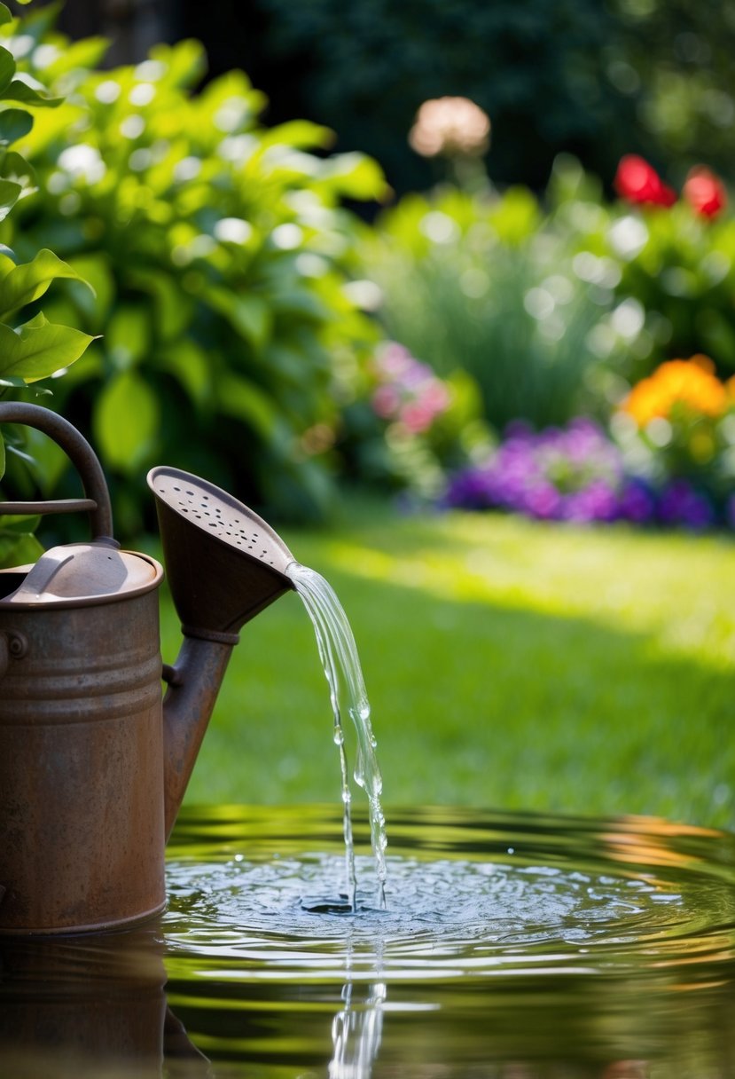 A rustic watering can fountain cascading water in a lush garden setting