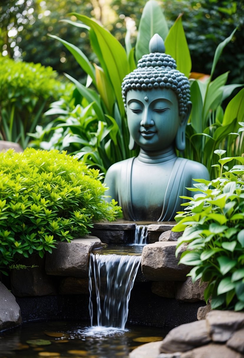 A serene garden with a Buddha head water feature surrounded by lush greenery, with a gentle waterfall cascading into a small pond