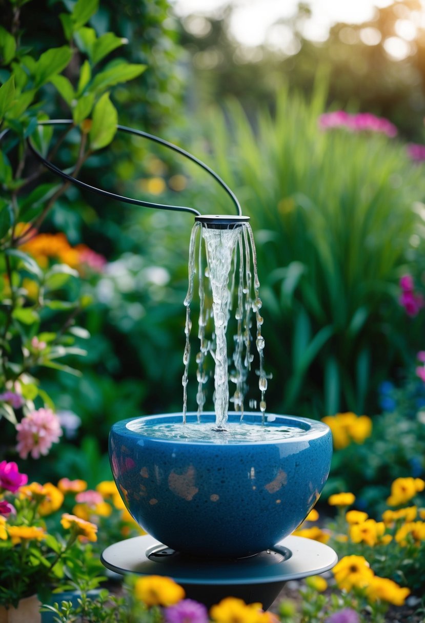 A tabletop sphere fountain cascades water into a small garden, surrounded by lush greenery and colorful flowers