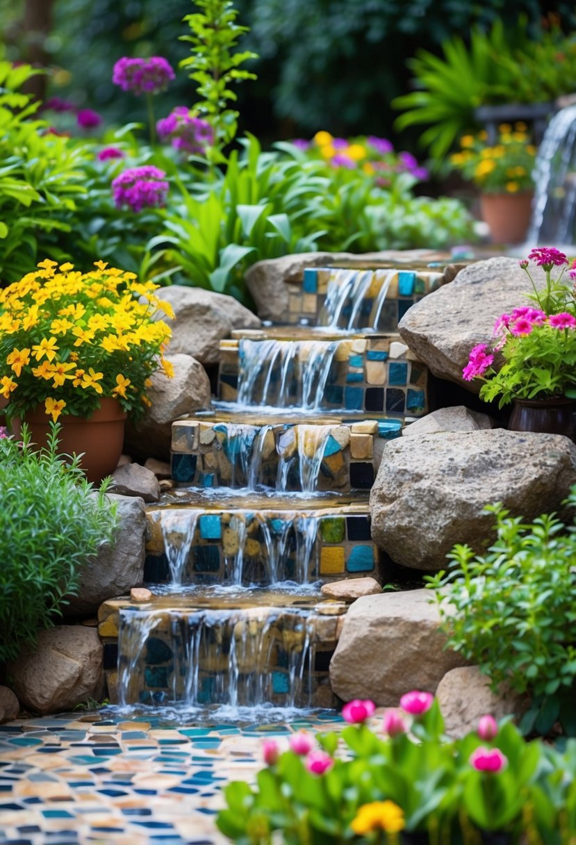 A mosaic tile waterfall cascades over rocks, surrounded by lush greenery and colorful flowers in a small garden setting