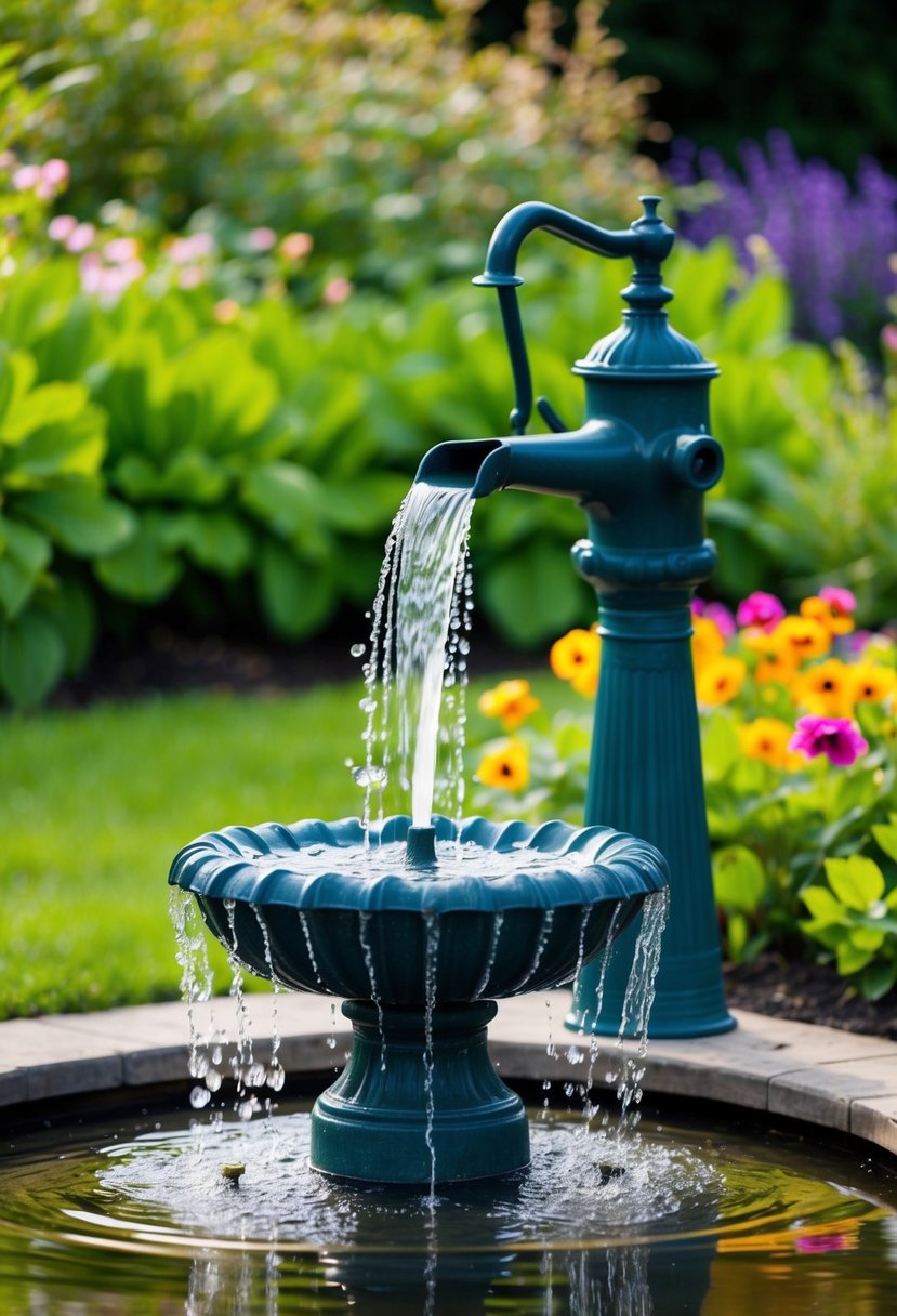 A vintage water pump fountain cascades into a small garden pond, surrounded by lush greenery and colorful flowers
