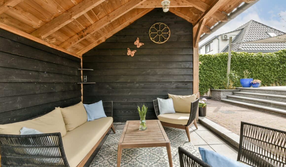 a covered patio with couches and a table