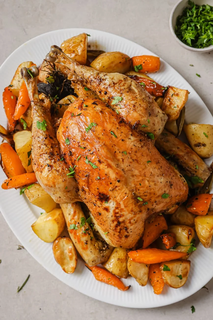 Roasted Chicken with Spring Herbs and Baby Carrots