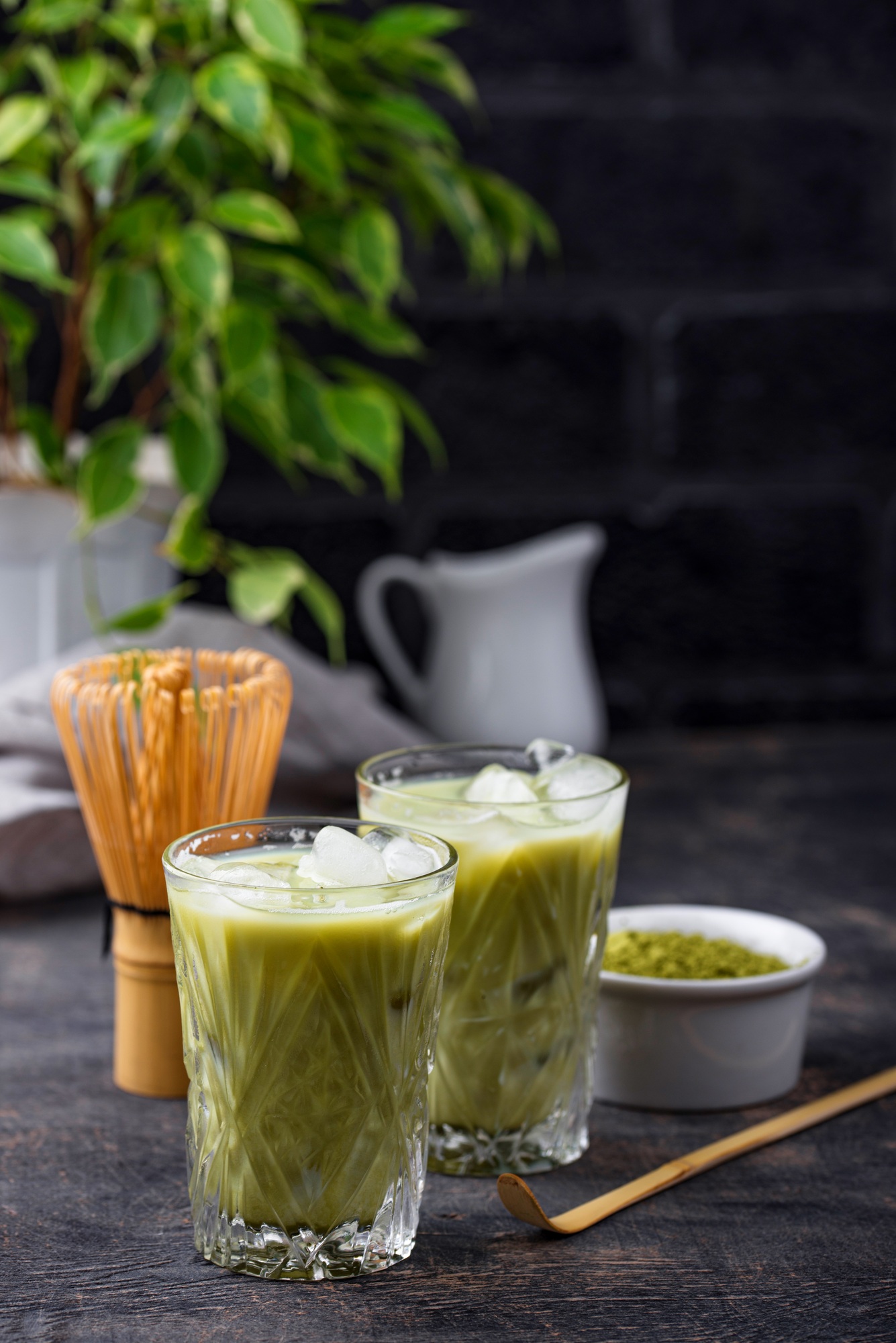Cold matcha tea with milk and ice
