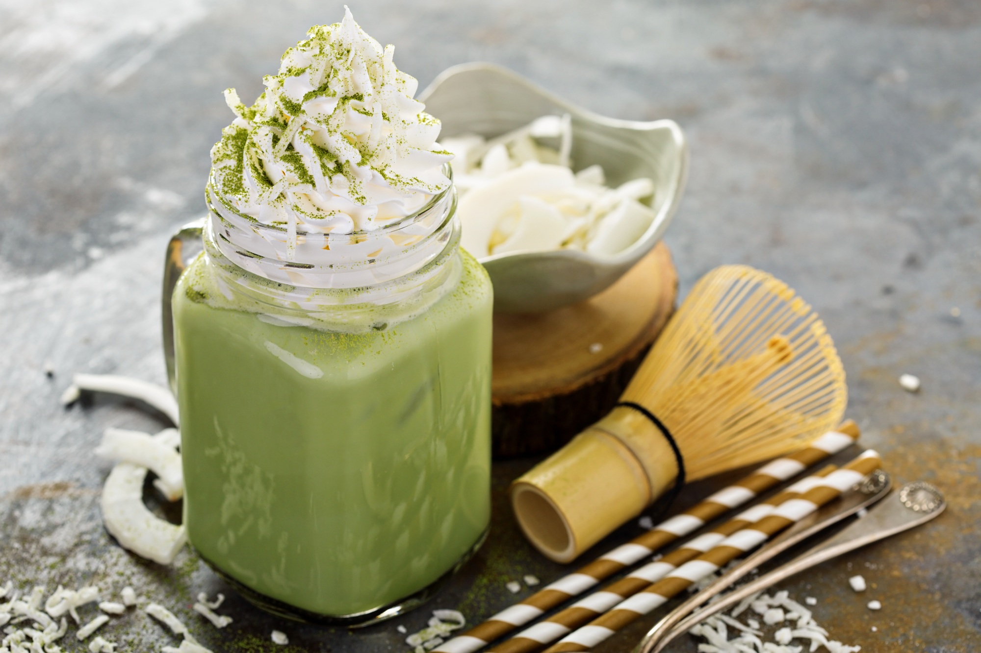 Iced matcha latte with coconut cream
