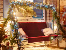 Christmas decor in backyard. Festive New Year decorations.