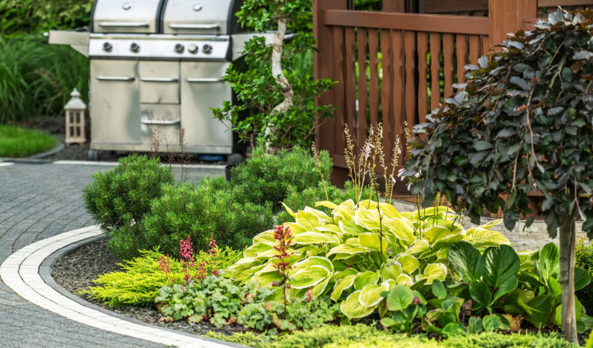 Lush Garden Landscape Featuring Grill Setup in a Backyard