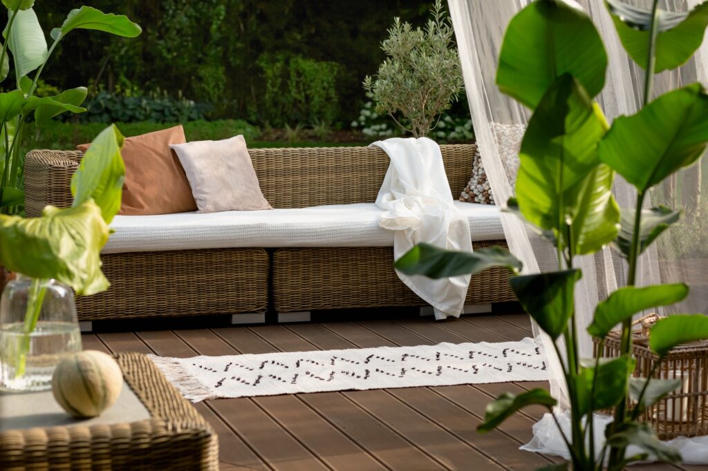 Rattan sofa on porch