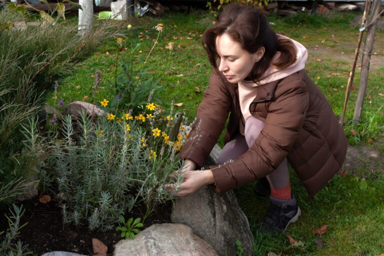 Young woman caring for flowers in flower bed