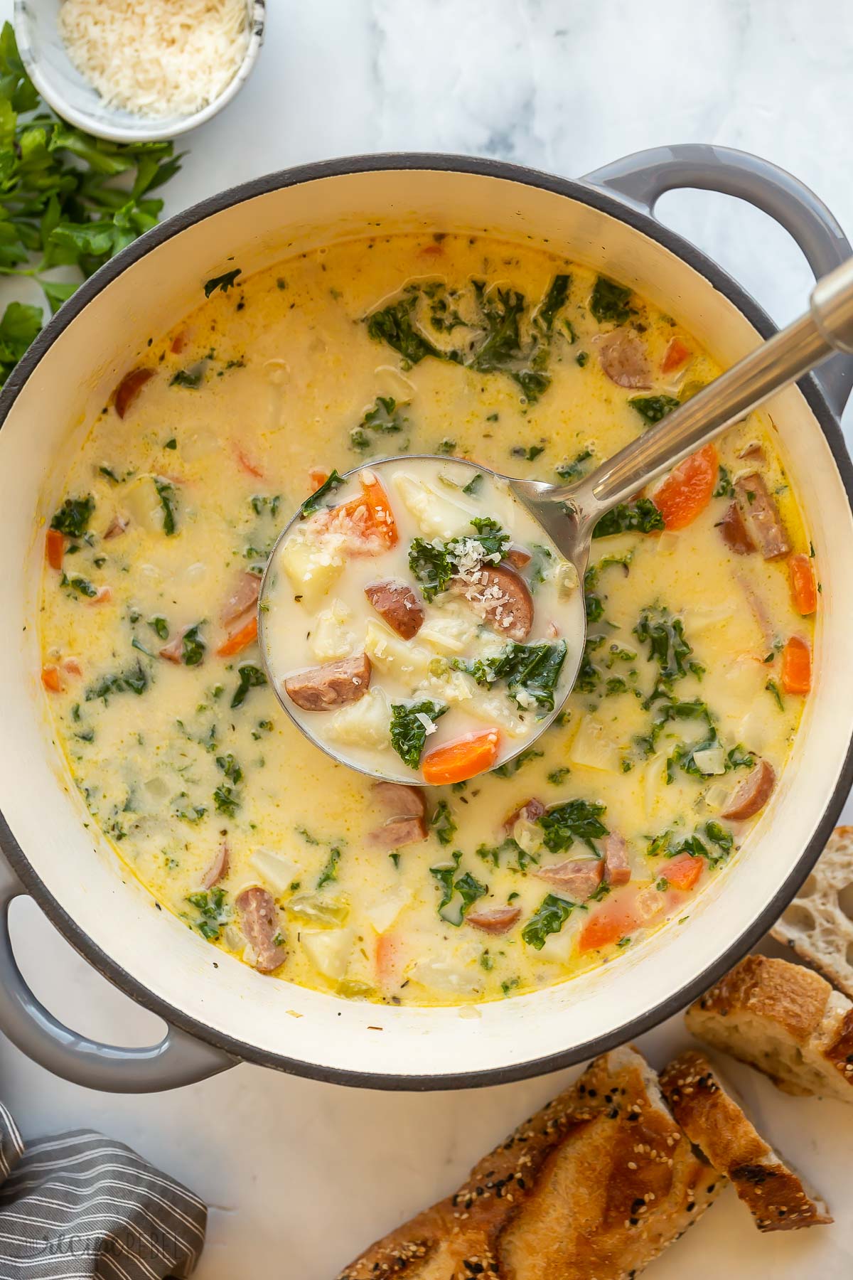 Bratwurst Soup with Potatoes and Kale
