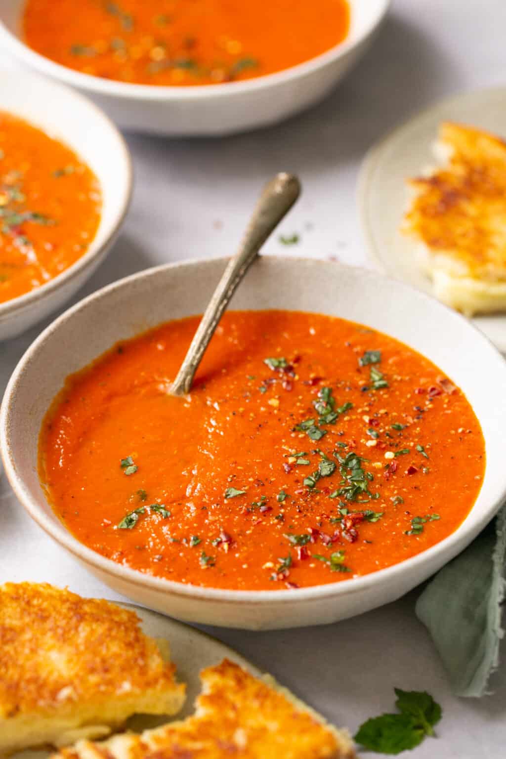 Creamy Tomato Basil Soup with Grilled Cheese