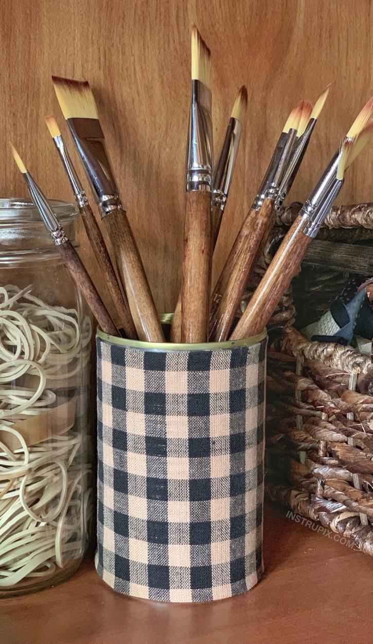 Fabric-Wrapped Tin Can as Brush Holder