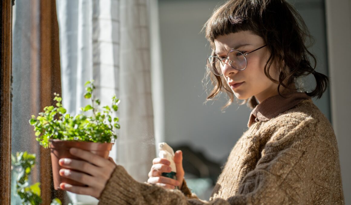 Millennial woman misting houseplants at home, using plant spray for bugs