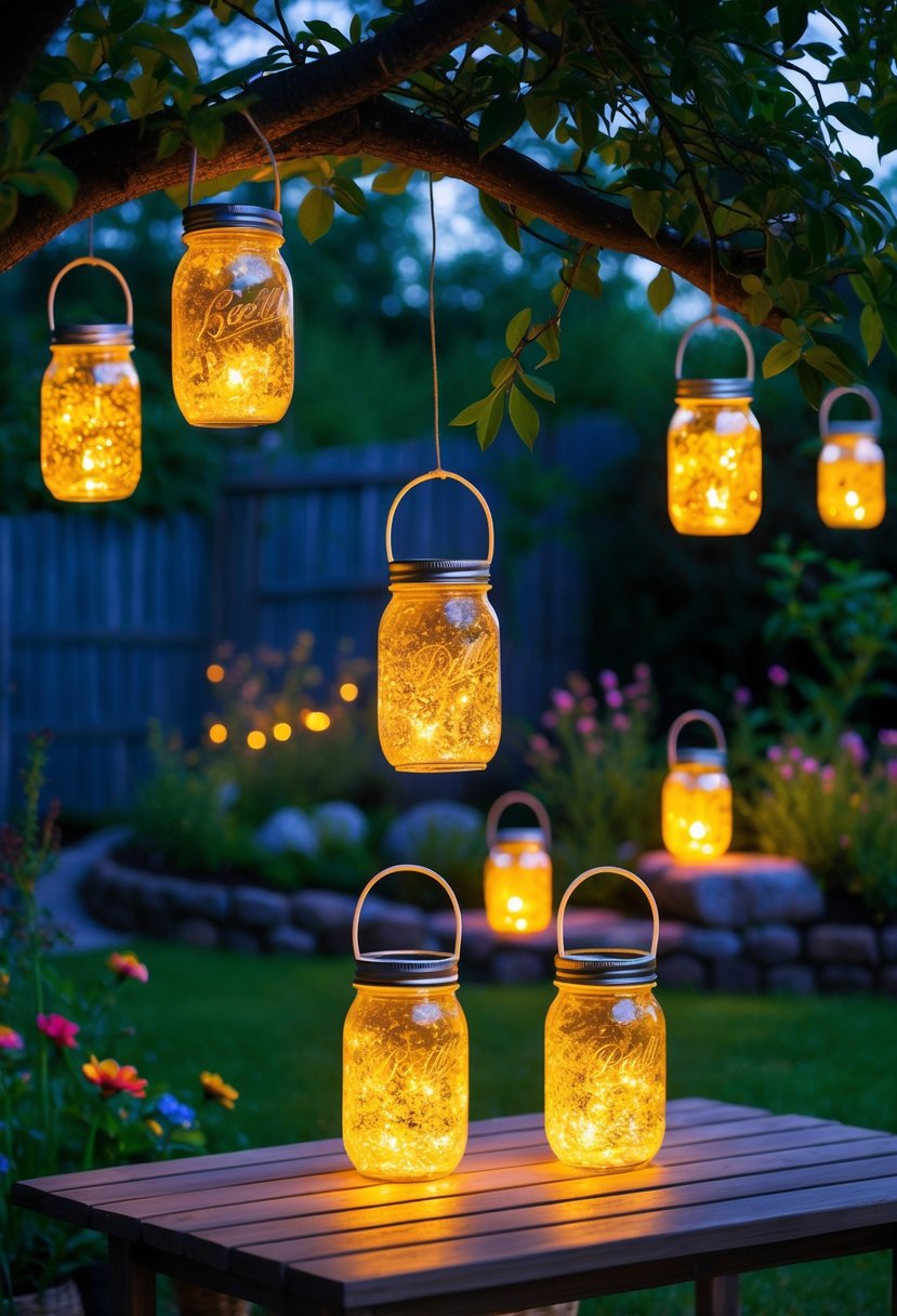 Several glowing mason jar solar lanterns hanging in a garden at dusk, surrounded by plants and flowers.