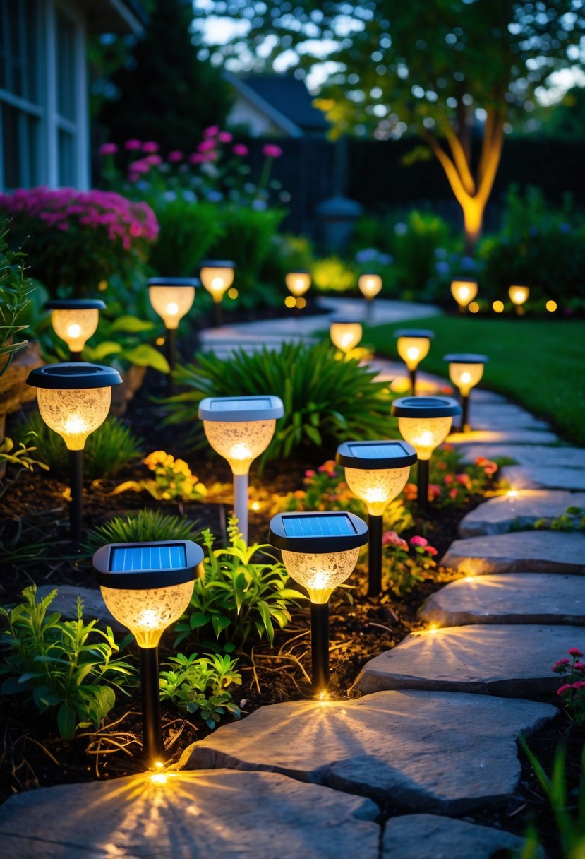 A garden path lined with multiple solar light markers glowing warmly among plants and flowers during twilight.