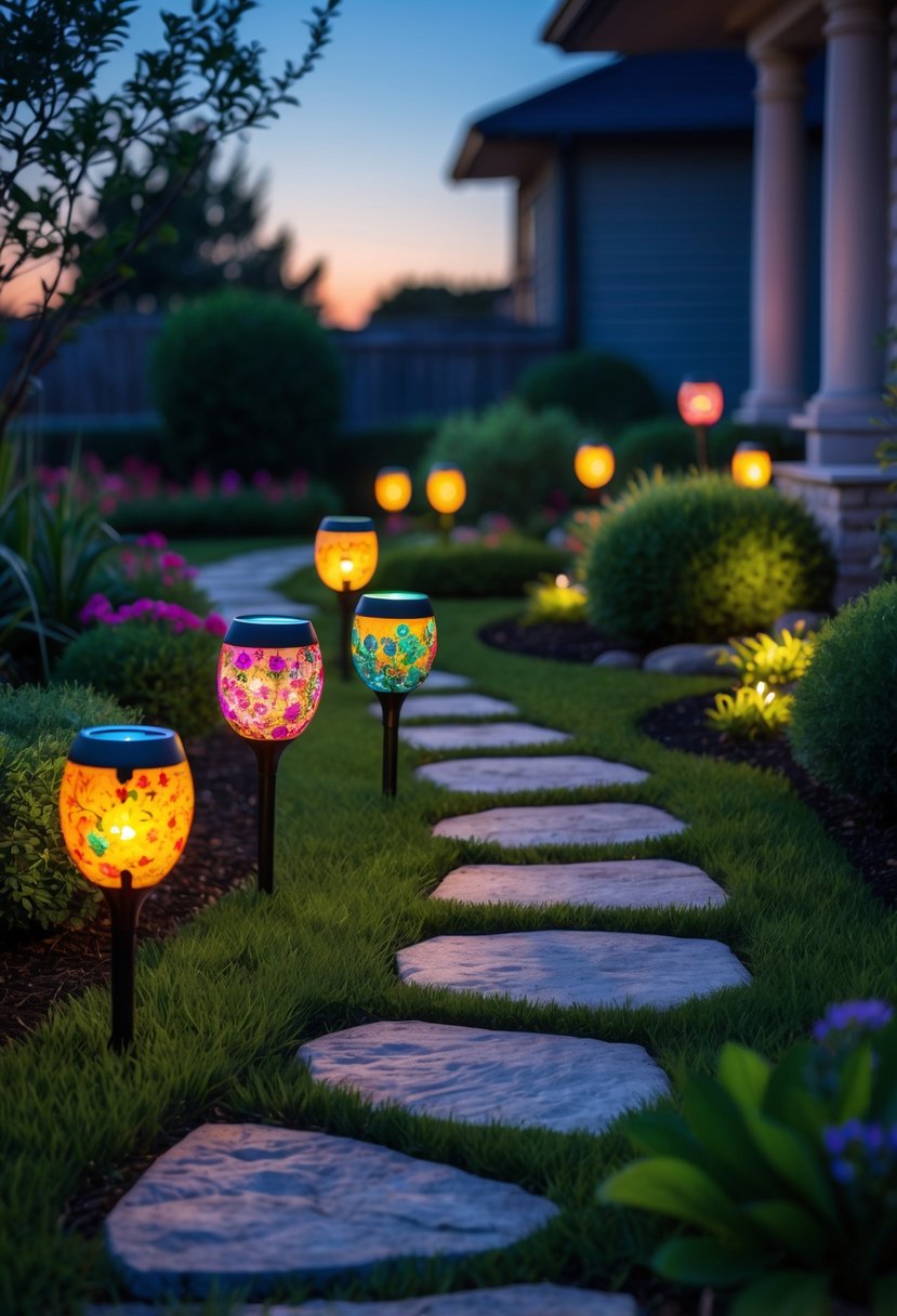 A garden pathway lined with colorful painted solar stake lights glowing at dusk surrounded by plants and grass.