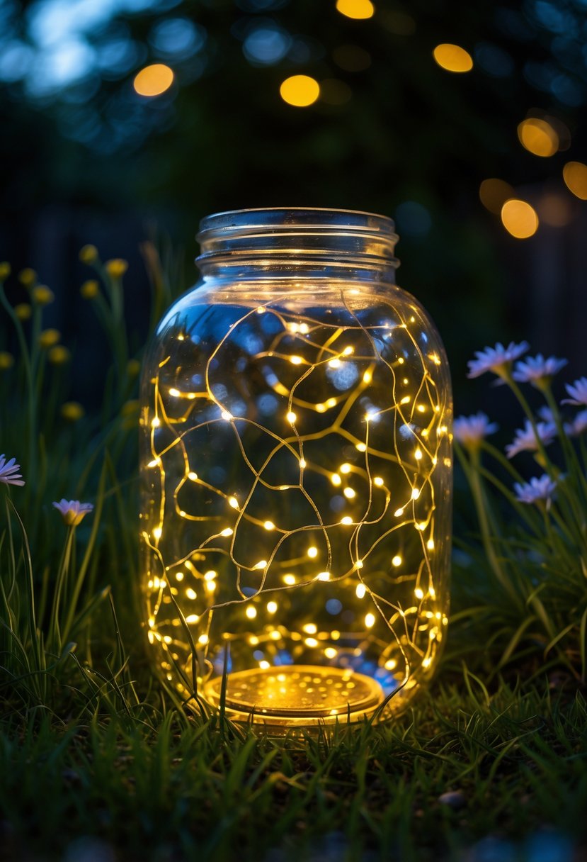 A glowing solar light fairy jar sitting in a garden surrounded by grass and flowers at dusk.