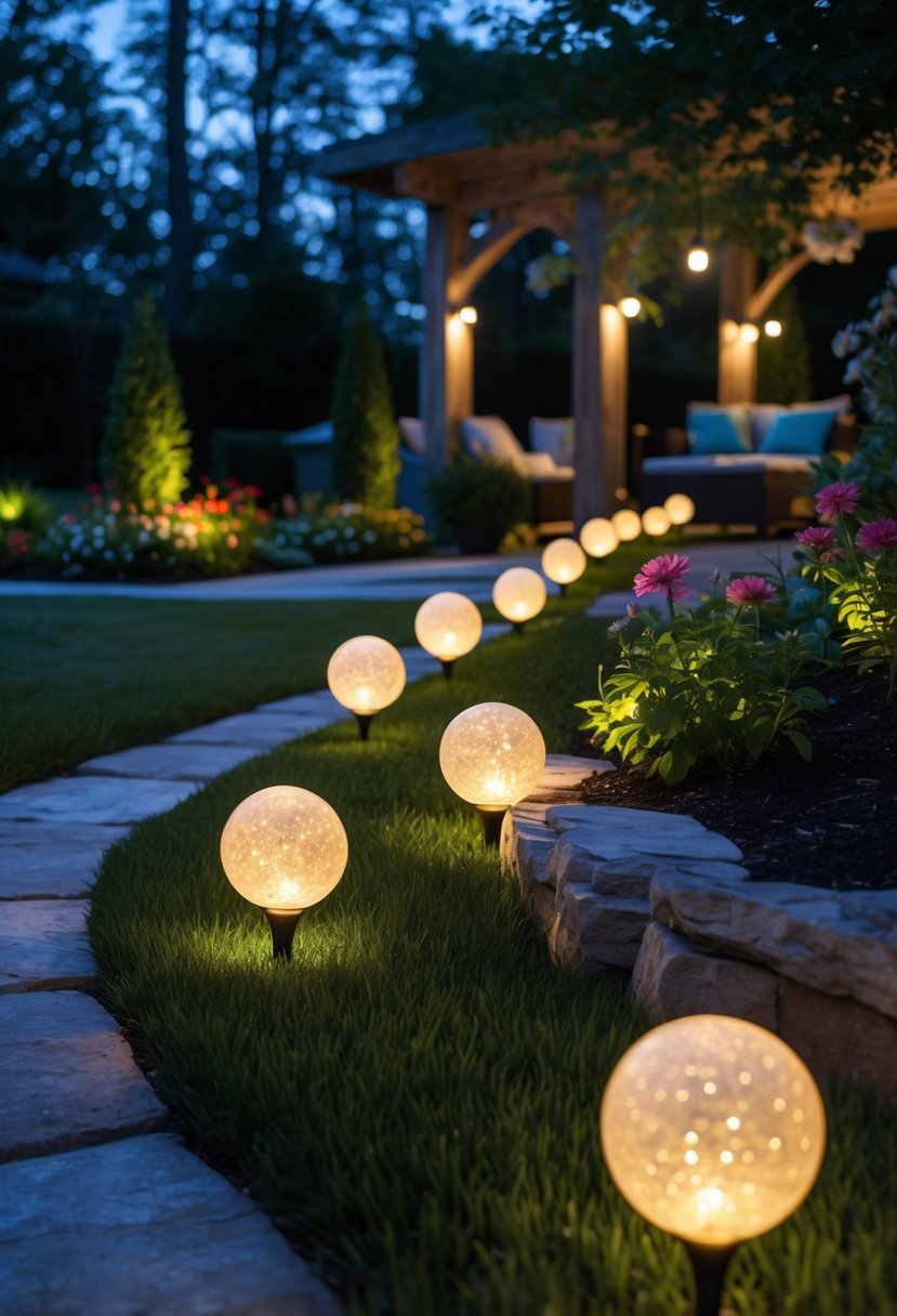 A backyard garden at twilight illuminated by glowing spherical solar lights placed along a stone pathway and around flower beds.